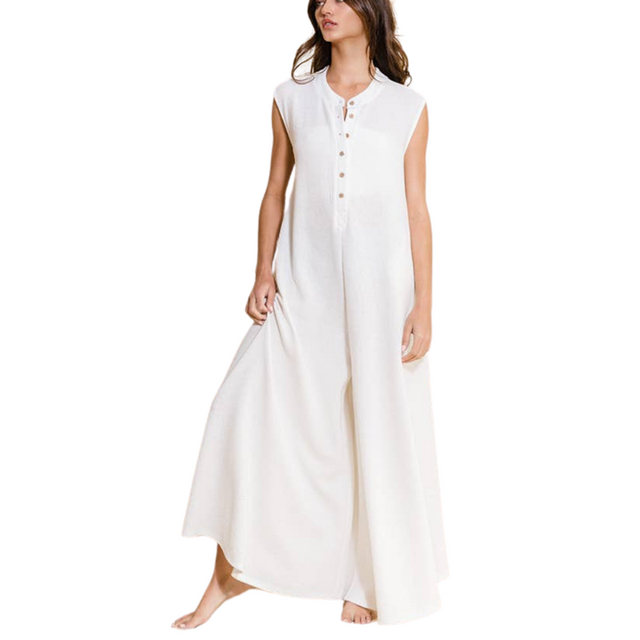 Wide Leg Denim Button Up Jumpsuit