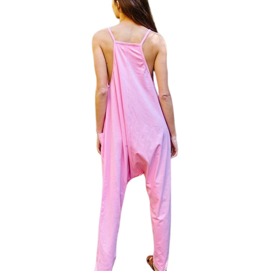 Drop Crotch V-neck Solid Jersey Jumpsuit - Pink