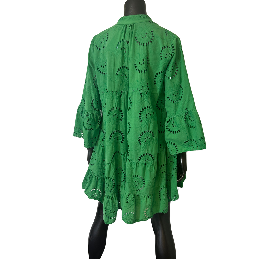 English Embroidered Short Dress Billowy Sleeves: Green