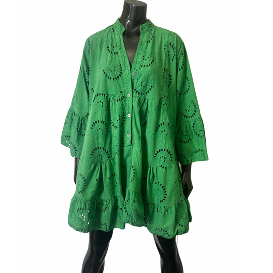 English Embroidered Short Dress Billowy Sleeves: Green