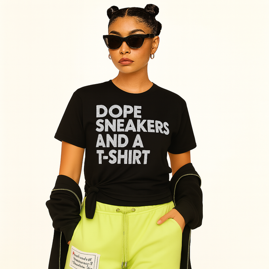 Person wearing a black t-shirt with 'DOPE SNEAKERS AND A T-SHIRT' text, sunglasses, and neon pants on a white background.