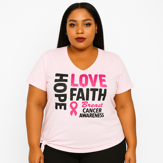 Camiseta rosa de cuello en V "Amor, Fe, Esperanza" para concienciar sobre el cáncer de mama