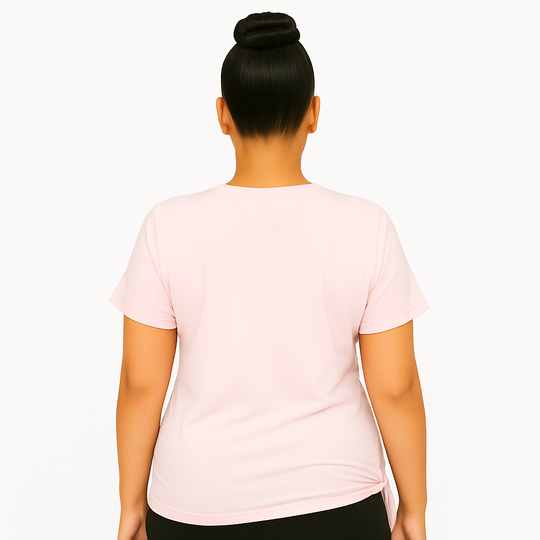 Camiseta rosa de cuello en V "Amor, Fe, Esperanza" para concienciar sobre el cáncer de mama