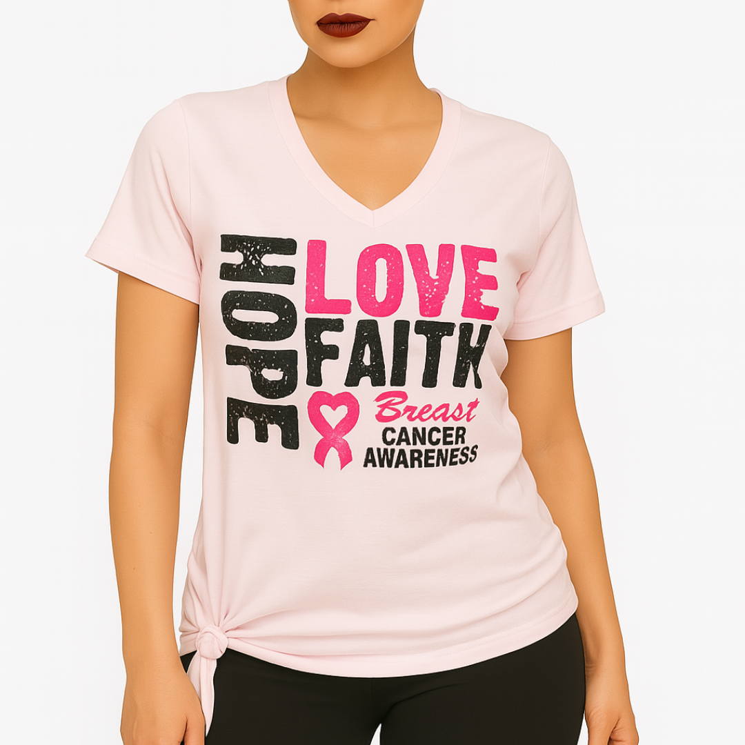 Camiseta rosa de cuello en V "Amor, Fe, Esperanza" para concienciar sobre el cáncer de mama