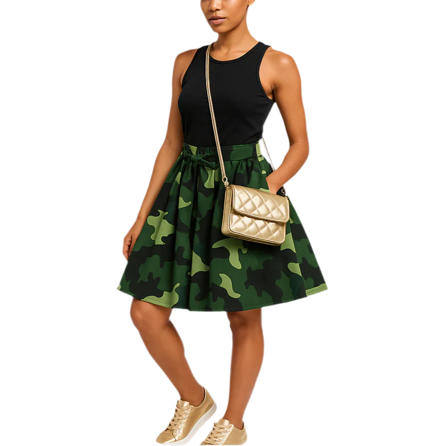 Woman wearing a black top and green camouflage skirt with a gold bag on a white background