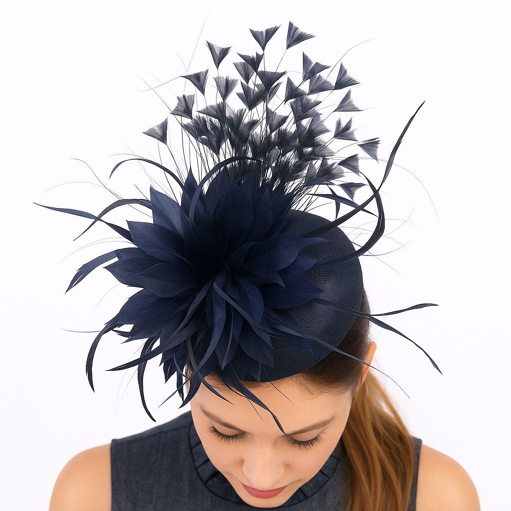 Navy blue fascinator with feather details on a white background