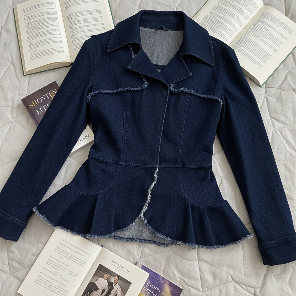Navy blue peplum jacket on a textured surface with books underneath