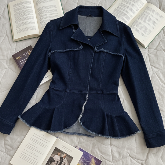 Navy blue peplum jacket on a textured surface with books underneath