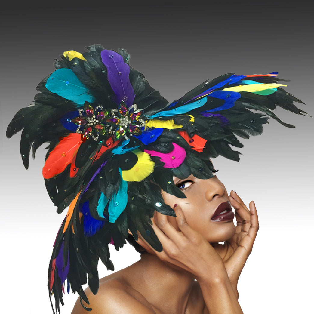 Sombrero Volcán con Ala de Plumas - Negro Multi