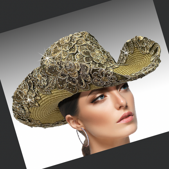 A woman wearing a luxurious gold cowboy hat adorned with sequins, crystals, feathers, and jewel flowers.