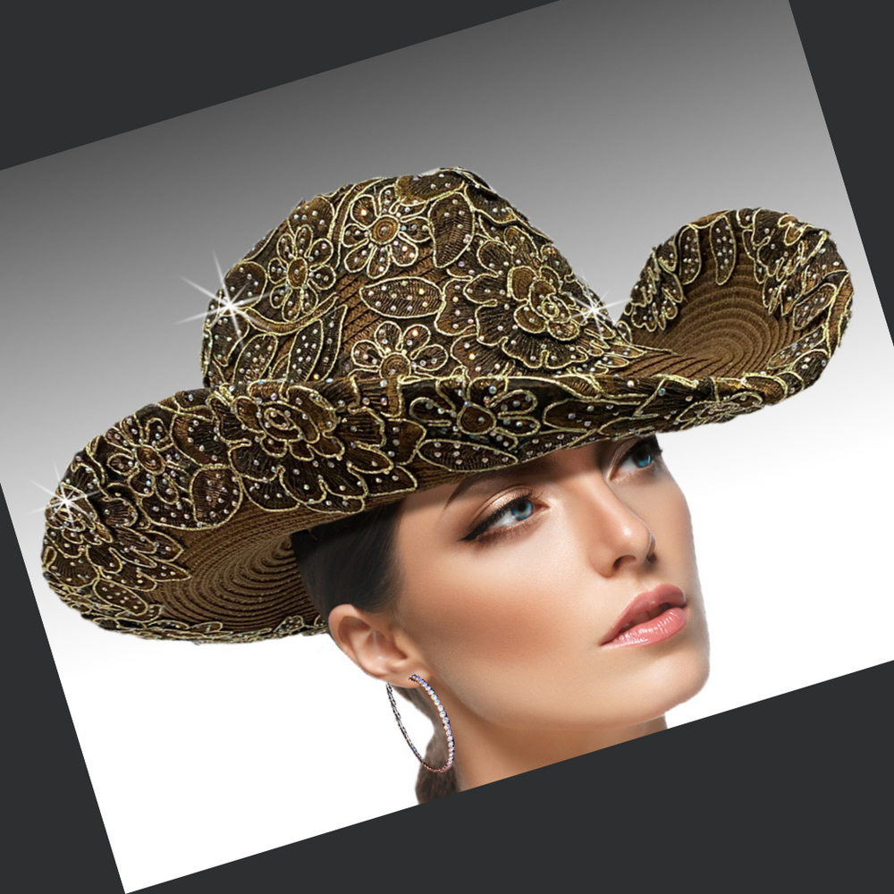 A brown cowboy hat adorned with gold sequins, crystal dust, and jewel flowers, featuring a wide brim.