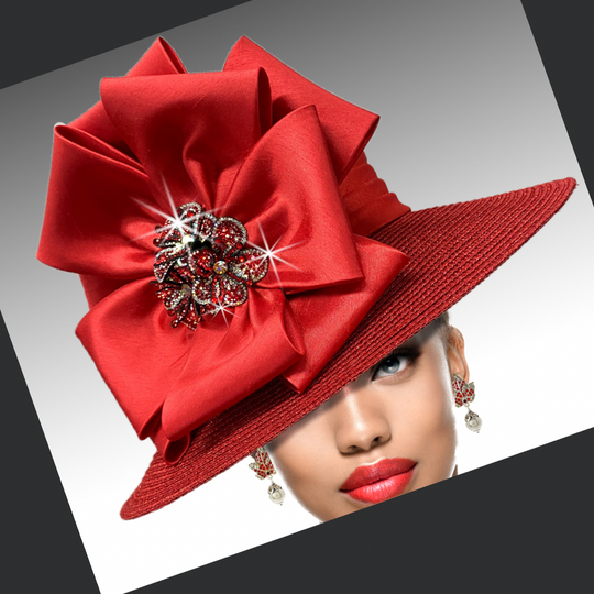 A red sequin pill box hat with a bow and a crystal flower embellishment, featuring a classic silhouette with a 4.5″ brim and a 4.