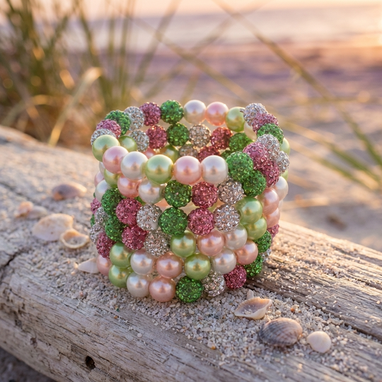 Pink and green multi wrap memory wire bracelet with crystal pave beads and pearl accents