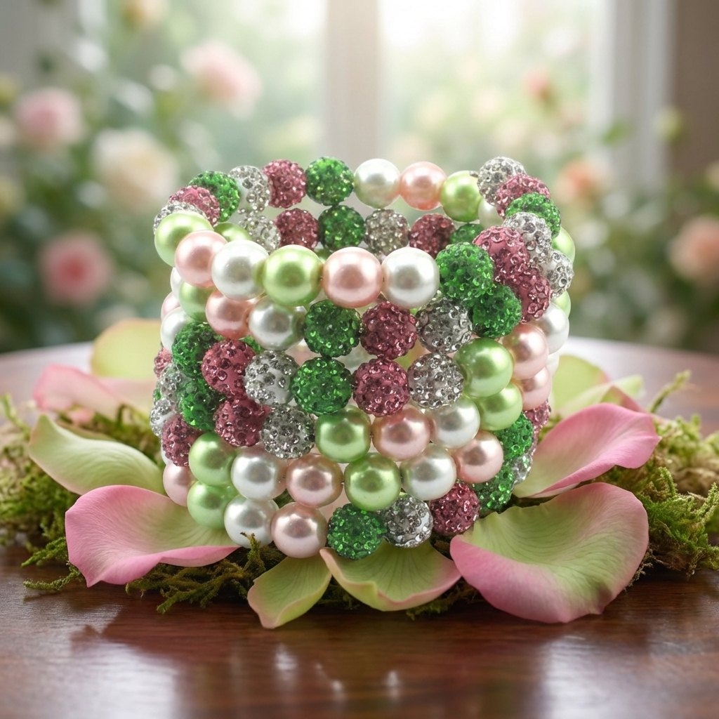 Pink and green multi wrap memory wire bracelet with crystal pave beads and pearl accents
