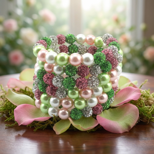 Pink and green multi wrap memory wire bracelet with crystal pave beads and pearl accents