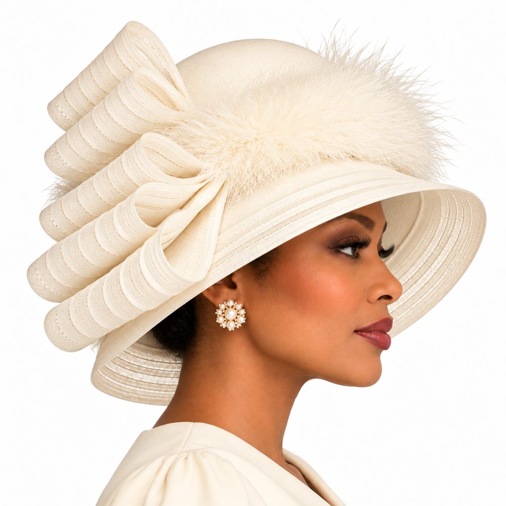 Crinoline Feather Bow Trim Tall Hat: Ivory