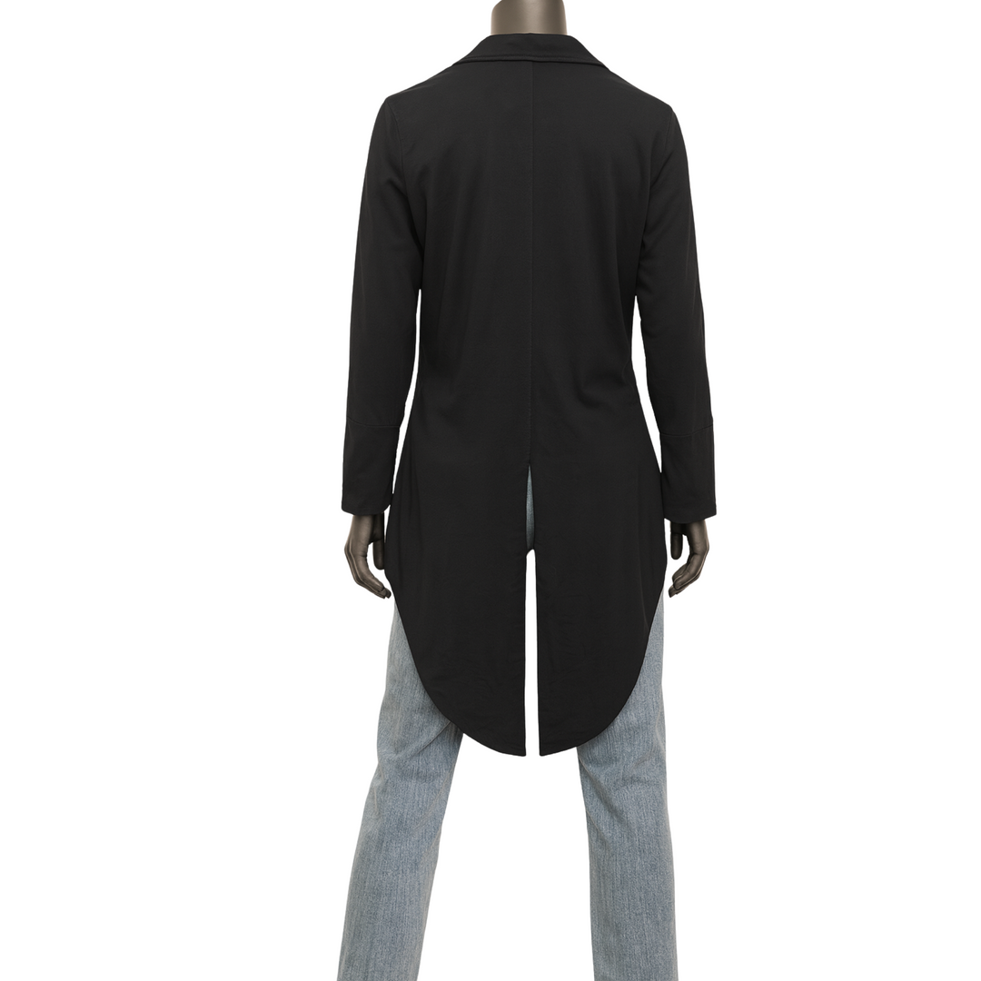Black coat on a mannequin against a white background