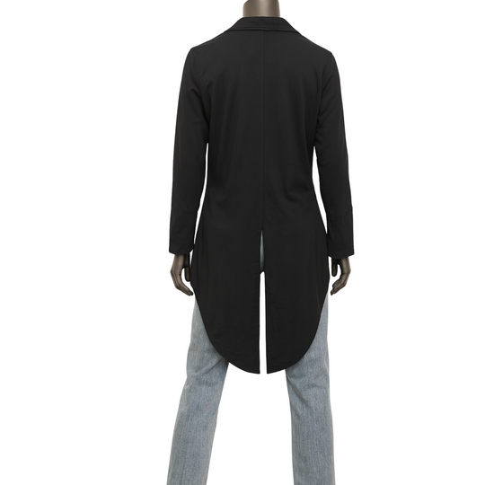 Black coat on a mannequin against a white background