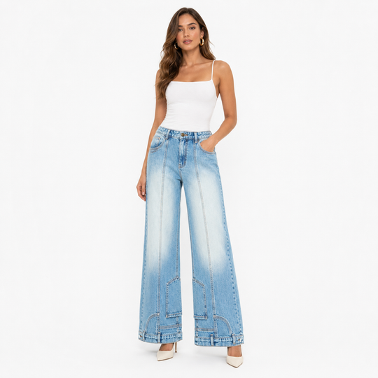 Washed Blue Seamed Wide-Leg Jeans