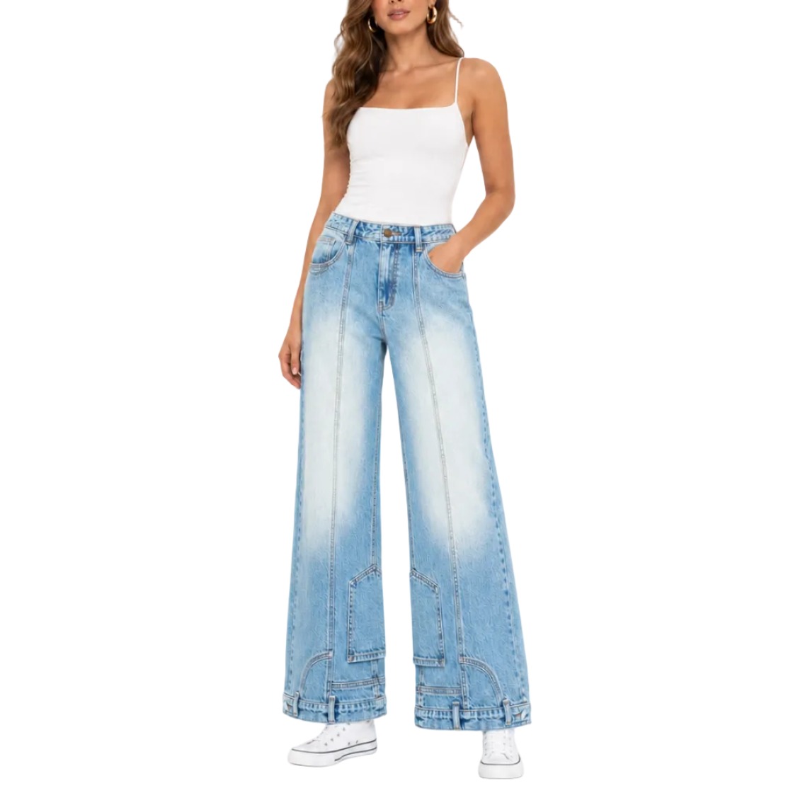 A model wearing light-wash blue wide-leg denim jeans with a faded wash, styled with a white spaghetti-strap tank top and white sneakers, against a plain white background.