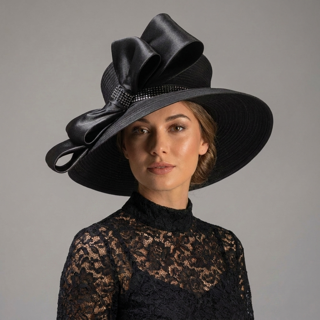 Woman wearing a black hat with a large bow against a gray background