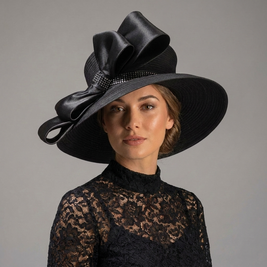 Woman wearing a black hat with a large bow against a gray background
