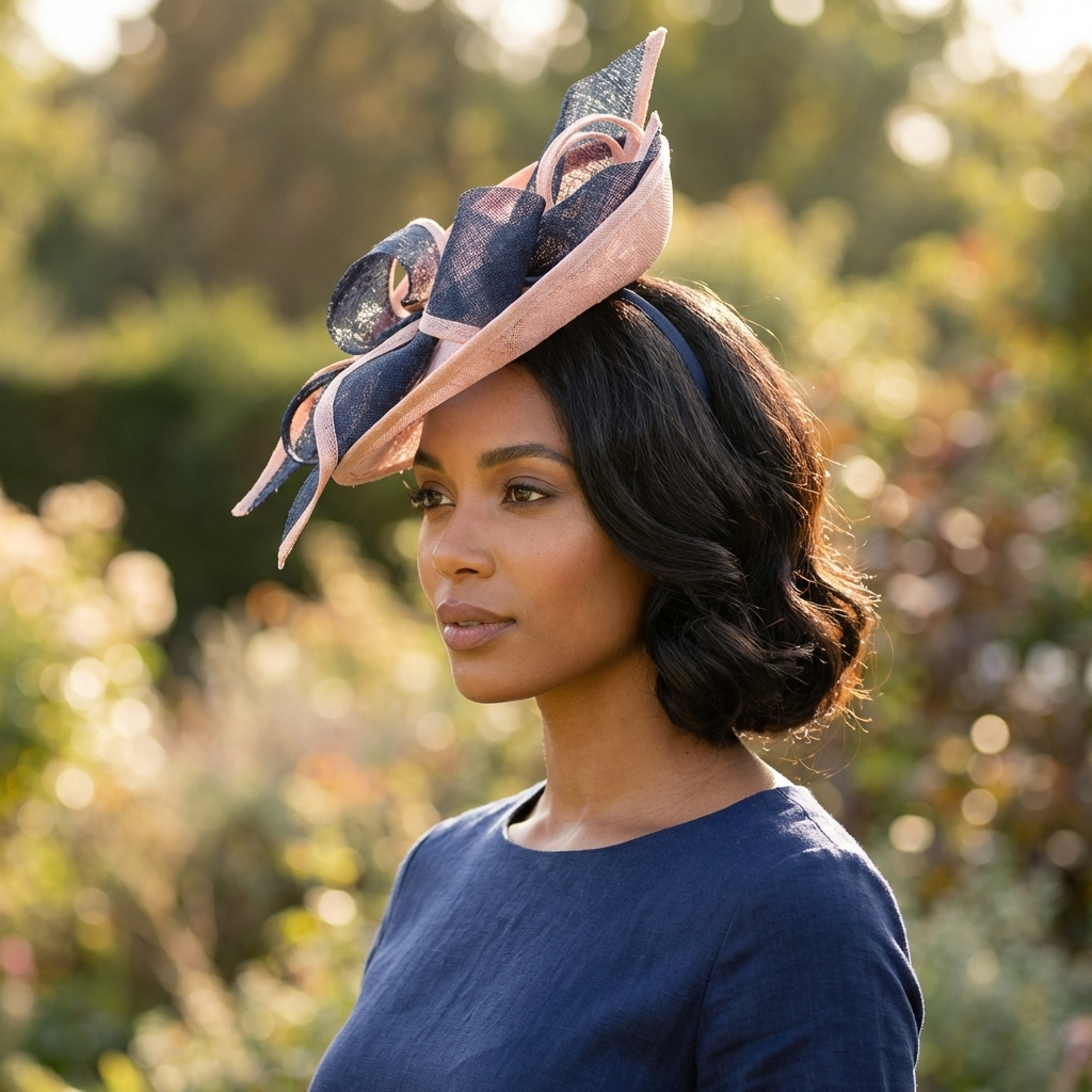 Light Pink & Navy Blue Sinamay Saucer Fascinator Hat