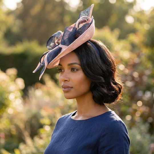 Light Pink & Navy Blue Sinamay Saucer Fascinator Hat