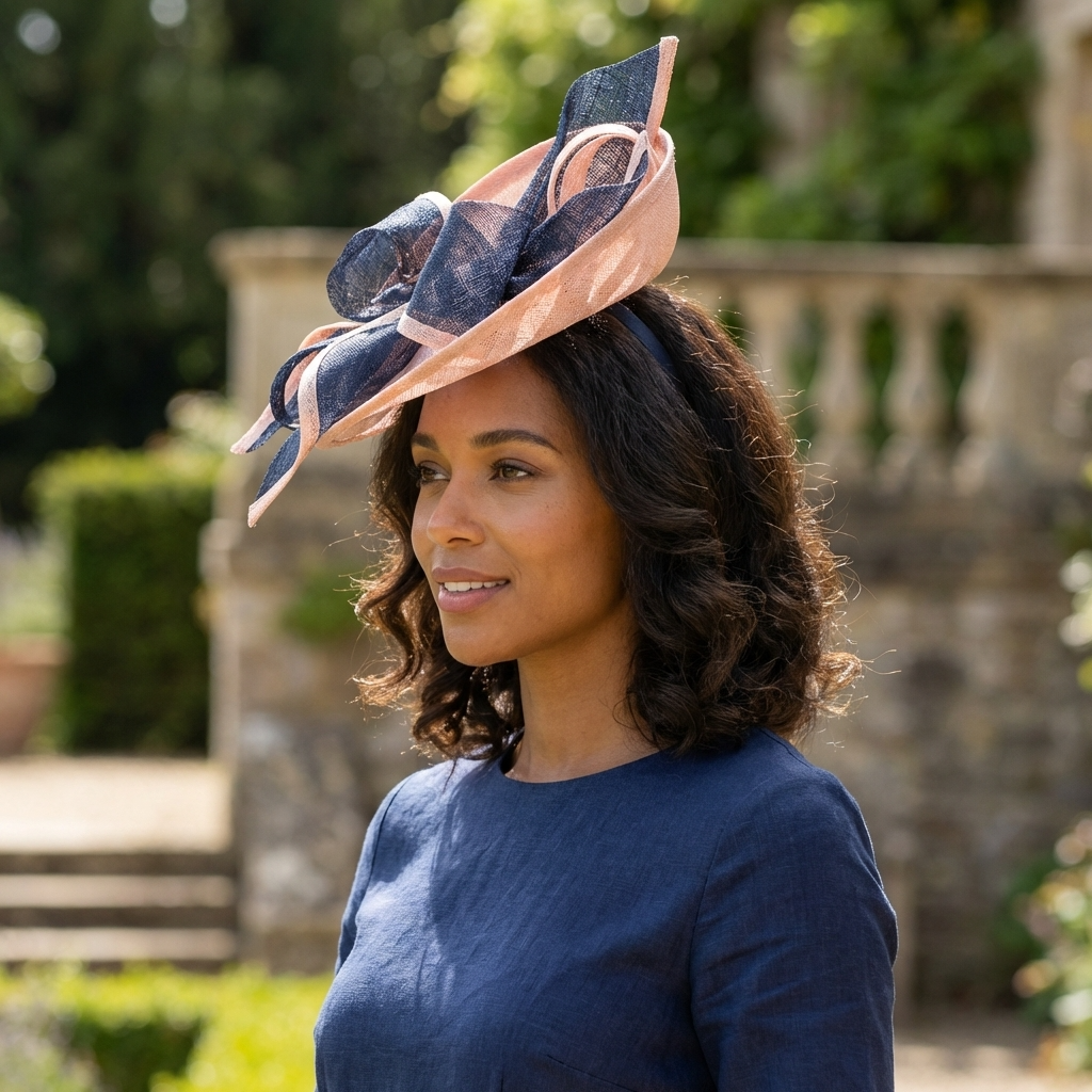 Light Pink & Navy Blue Sinamay Saucer Fascinator Hat