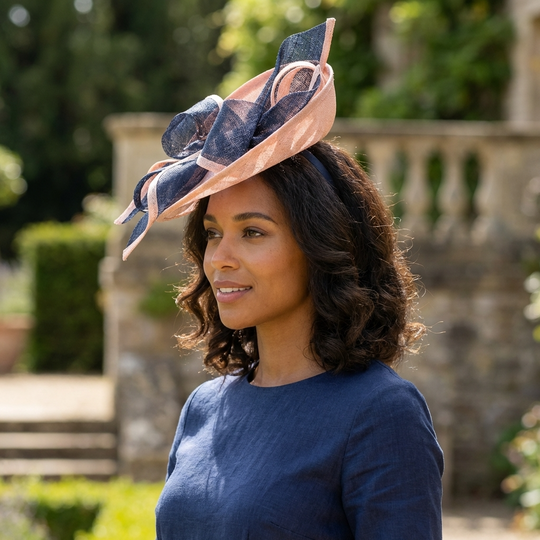 Light Pink & Navy Blue Sinamay Saucer Fascinator Hat