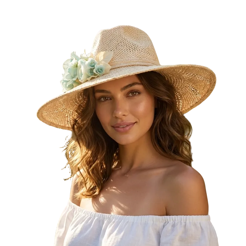 Woman wearing a straw hat with floral decorations in a garden setting