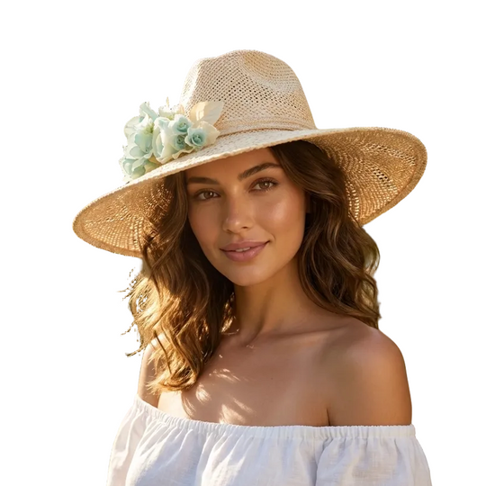 Woman wearing a straw hat with floral decorations in a garden setting