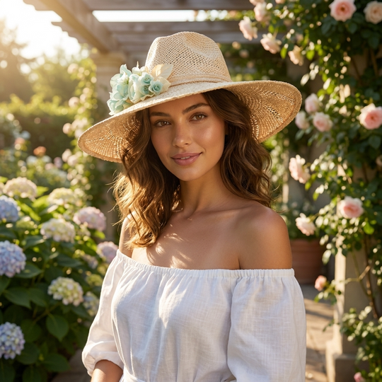 Garden Grace Straw Hat – Natural/Aqua