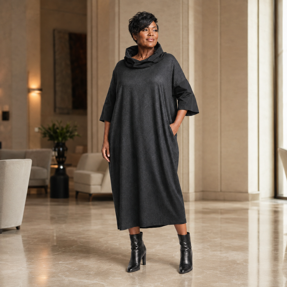 Scilla Charcoal Cocoon Midi Dress with Cowl Collar