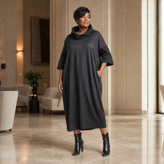 Scilla Charcoal Cocoon Midi Dress with Cowl Collar