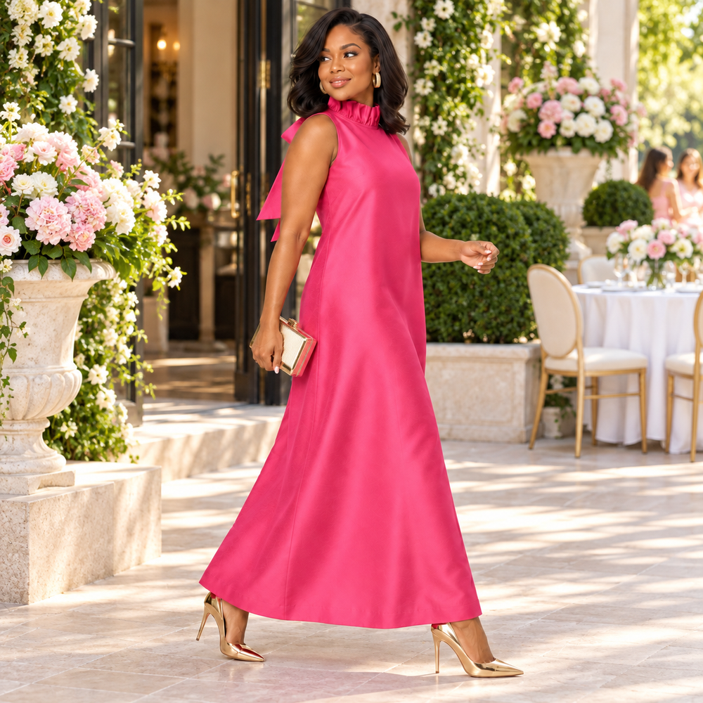 A woman models a bright pink satin-like midi dress with a high ruffled neckline and sleeveless design, styled with gold high heels and a small clutch in an elegant outdoor patio setting.