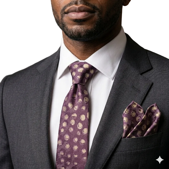 Man wearing a gray suit with a purple polka dot tie and pocket square in an indoor setting.