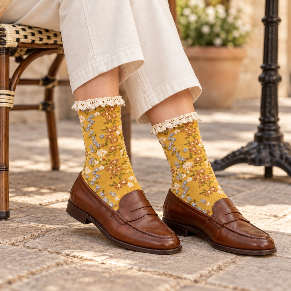 Floral Crew Socks with Ruffled Lace Cuff: Mustard