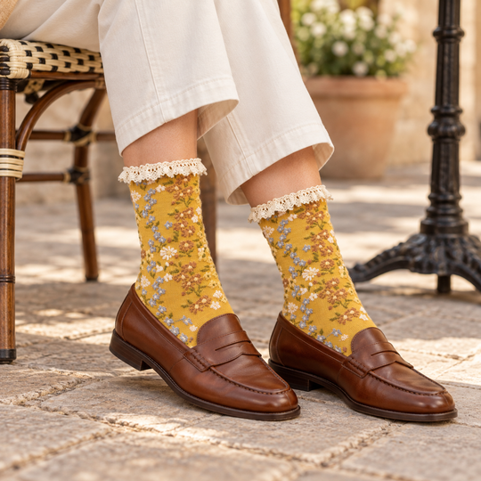 Floral Crew Socks with Ruffled Lace Cuff: Mustard