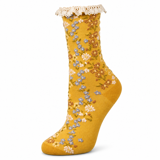 Floral Crew Socks with Ruffled Lace Cuff: Mustard