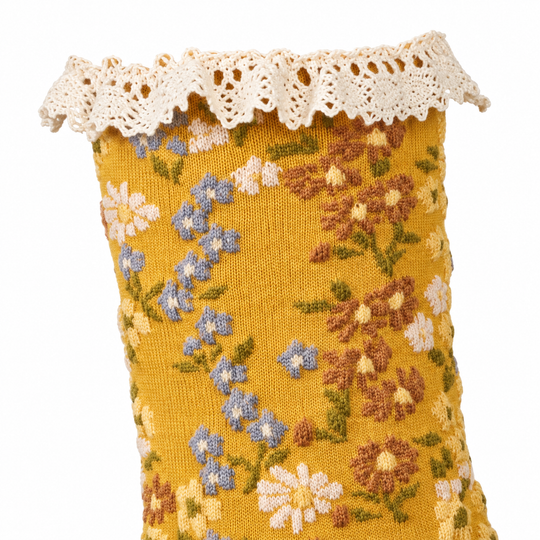 Floral Crew Socks with Ruffled Lace Cuff: Mustard