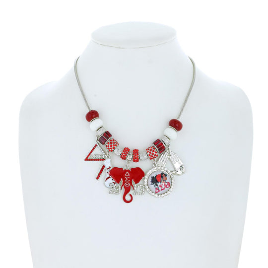 Delta Sigma Theta red and white rhinestone multi-charm necklace in silver tone metal