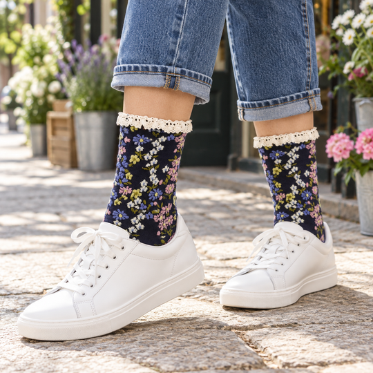Floral Crew Socks with Ruffled Lace Cuff: Black/Navy
