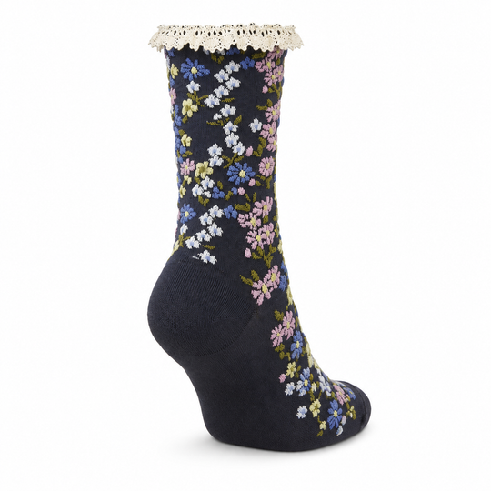 Floral Crew Socks with Ruffled Lace Cuff: Black/Navy