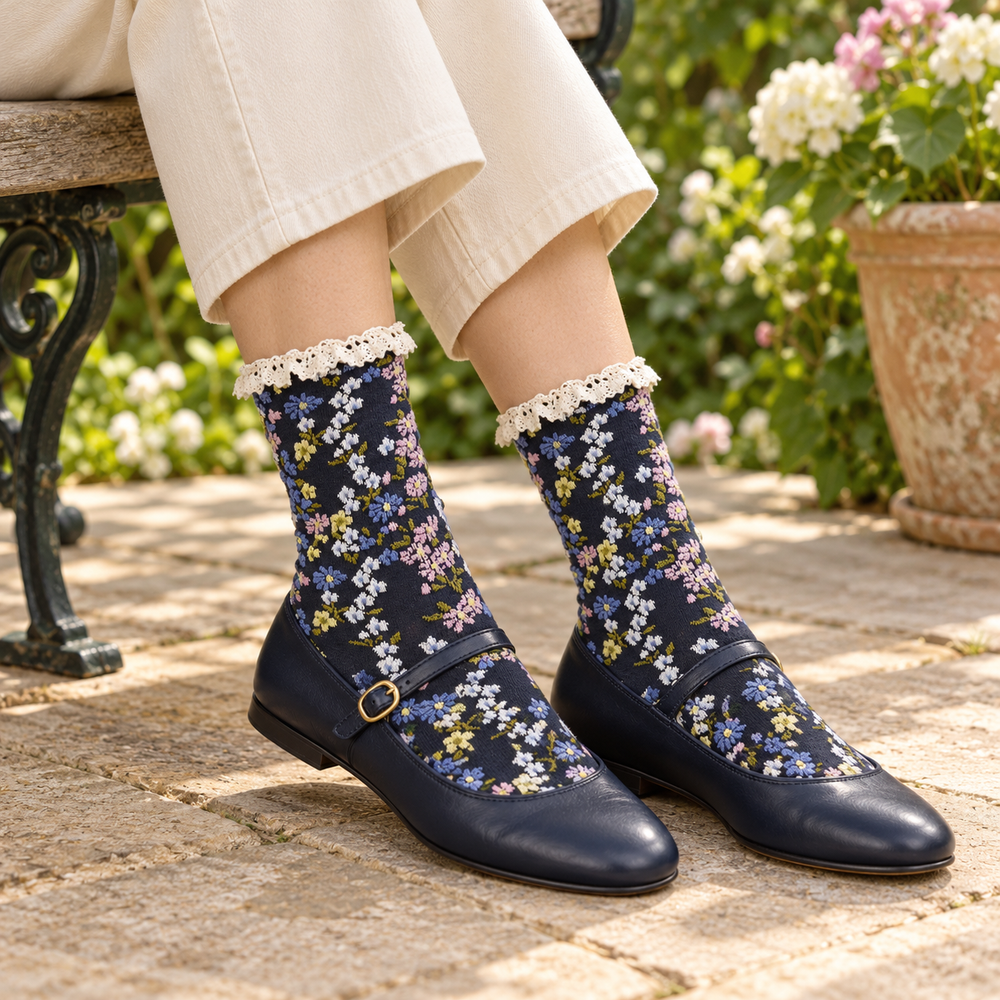 Floral Crew Socks with Ruffled Lace Cuff: Black/Navy