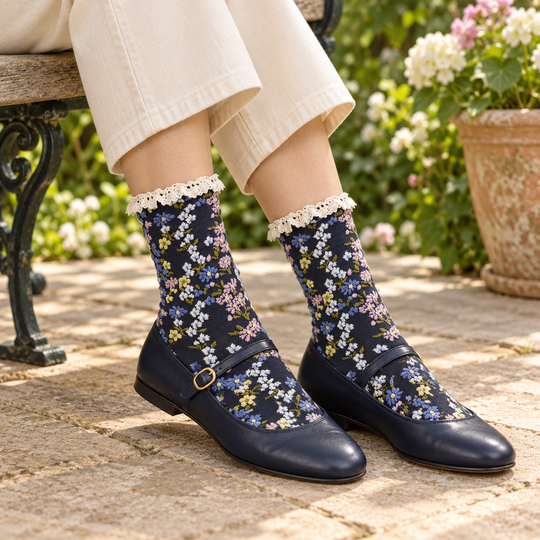 Floral Crew Socks with Ruffled Lace Cuff: Black/Navy