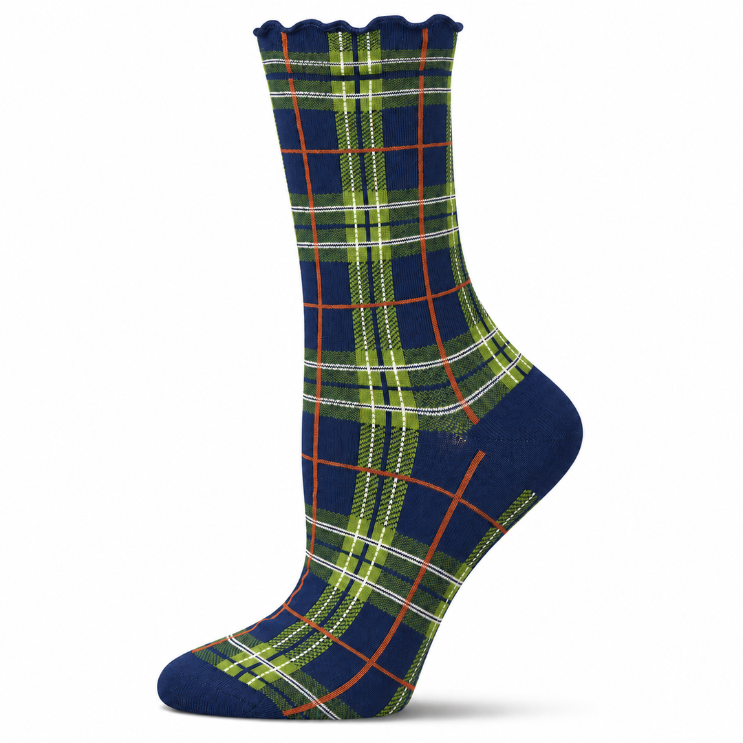 Classic Plaid Lettuce Edge Crew Socks: Navy