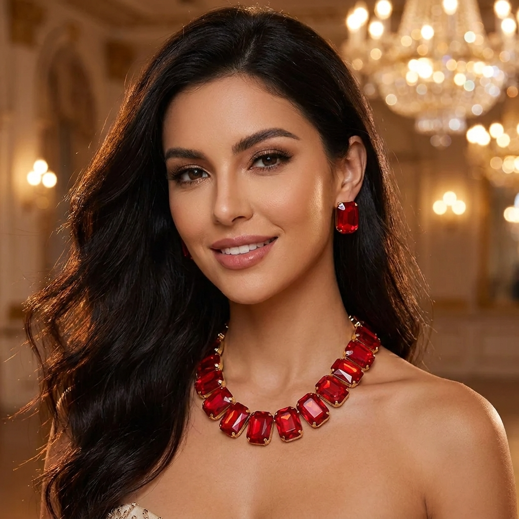 Crystal Octagon Cut Collar Necklace Set: Red