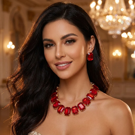 Crystal Octagon Cut Collar Necklace Set: Red