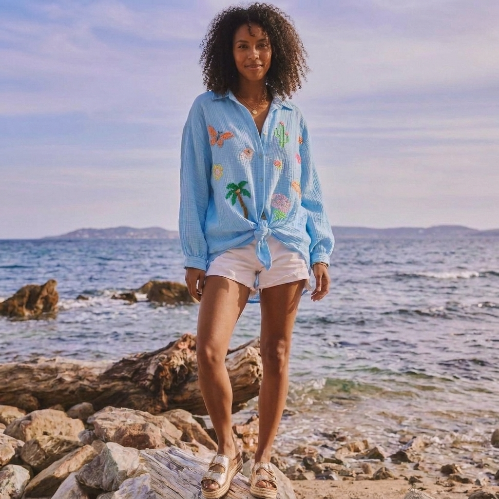 Blue Embroidered Motif Gauze Cotton Oversized Shirt - One Size